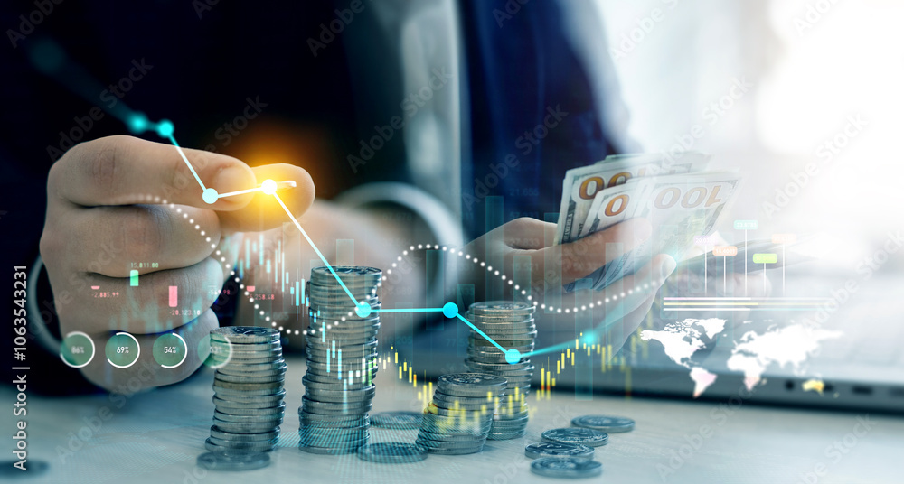 Poster business financial graph diagram of coin. financial growth data or investment market profit bar and 