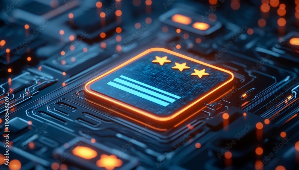 Poster illuminated circuit board featuring a glowing star rating icon, symbolizing digital technology and u