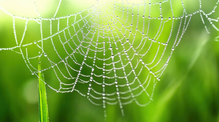 Fototapeta premium Macro shot of natural, delicate spider web adorned with dew drops glistens in morning light, surrounded by lush green grass, creating serene and tranquil natural scene