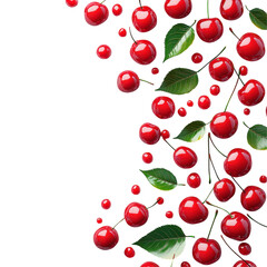 Vibrant red cherries cascade with lush green leaves against a white backdrop, creating a lively, fresh arrangement. Isolated on white background or PNG