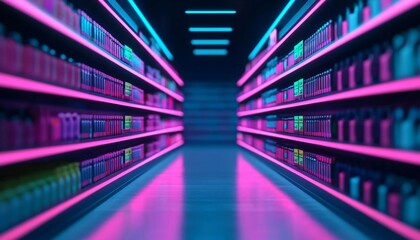 Vibrant aisle in a modern store with neon lighting illuminating colorful product shelves, creating a dynamic shopping experience.