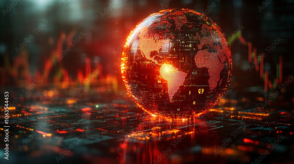 Aufkleber A glowing globe with intricate data patterns is displayed against a backdrop of rising financial trends and analytics. The atmosphere evokes a sense of advanced technology and interconnectedness.