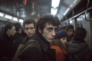 Fototapeta premium Artwork Generative Ai image underground subway urban station crowded with people, rush hour local public service