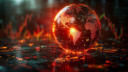 A glowing globe with intricate data patterns is displayed against a backdrop of rising financial trends and analytics. The atmosphere evokes a sense of advanced technology and interconnectedness.