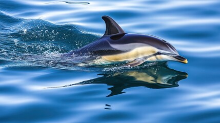 Fototapeta premium A dolphin swimming gracefully in calm blue waters, showcasing its sleek body and playful nature.