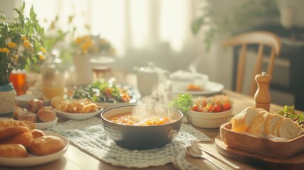 Rustic kitchen with various fresh ingredients, bread, and basil on a wooden table