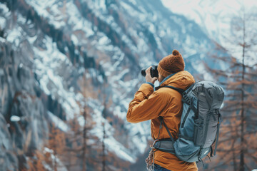 A young male mountain climber takes a photo with a camera to capture the image.