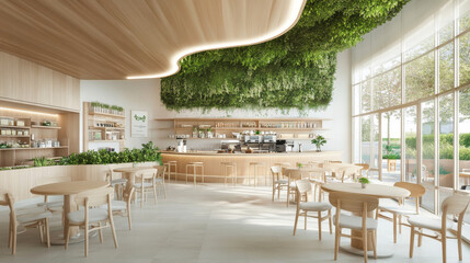 Fototapeta premium A modern cafe interior featuring natural wood elements and lush greenery. inviting space includes round tables and well organized counter, creating serene atmosphere for relaxation