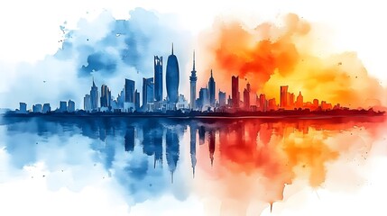 Watercolor illustration for Kuwait National Day, featuring the Kuwaiti flag, iconic landmarks, and desert landscapes, vibrant colors