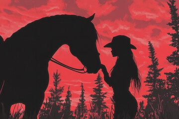 A woman is standing in front of a horse, and the horse is tied to a tree