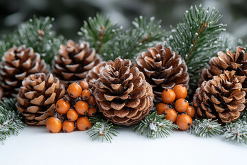 Fototapeta premium Generative AI image of festive Christmas decor with baubles, berries, and pine cones for holiday shopping