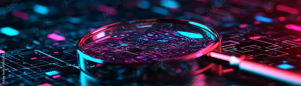 Poster a close-up view of a magnifying glass over a vibrant digital interface, highlighting data and techno