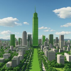 Obraz premium A futuristic green skyscraper amidst a cityscape with greenery.