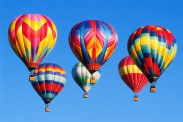 Naklejka premium A set of brightly colored hot air balloons rising into a clear sky. 