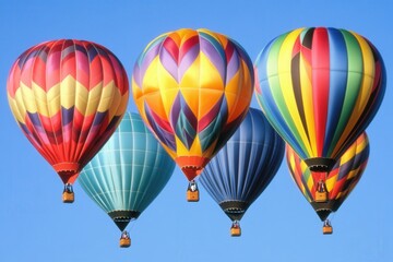 Naklejka premium A set of brightly colored hot air balloons rising into a clear sky. 