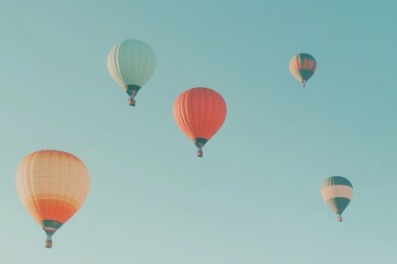 Naklejka premium A set of brightly colored hot air balloons rising into a clear sky. 