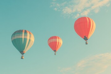 Obraz premium A set of brightly colored hot air balloons rising into a clear sky. 