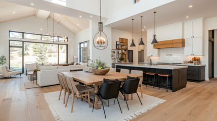 Fototapeta premium A modern open concept kitchen and dining area featuring large wooden table, stylish black chairs, and spacious island. bright space is enhanced by natural light and elegant decor, creating warm and in