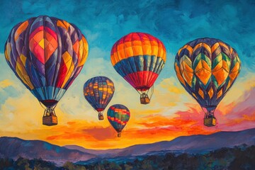 Naklejka premium A set of brightly colored hot air balloons rising into a clear sky. 