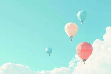 Fototapeta premium A set of brightly colored hot air balloons rising into a clear sky. 