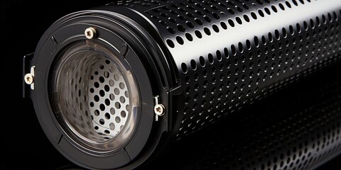 A close-up view of a black metal filter with a circular pattern of holes, revealing a white filter element inside.