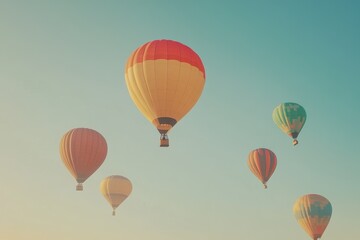 Obraz premium A set of brightly colored hot air balloons rising into a clear sky. 
