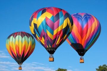 Fototapeta premium A set of brightly colored hot air balloons rising into a clear sky. 