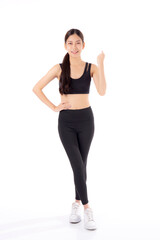 Portrait of beautiful young asian woman in sportswear gesture success isolated on white background, sport and exercise for health, training and strength, female slimming with confident.