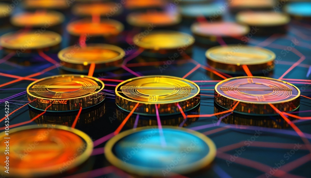 Poster a detailed close-up of digital coins connected by vibrant network lines, symbolizing cryptocurrency 
