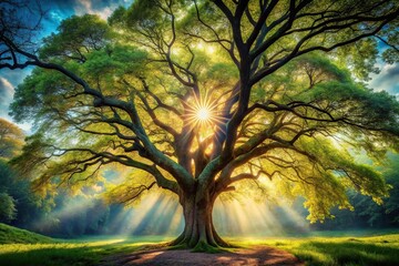 Obraz premium Stunning nature scene of enchanting tree with radiant canopy, mystical and dreamy