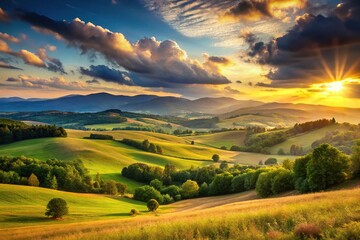 Summer landscape at sunset with rolling hills and distant mountains, hill, clouds, beauty