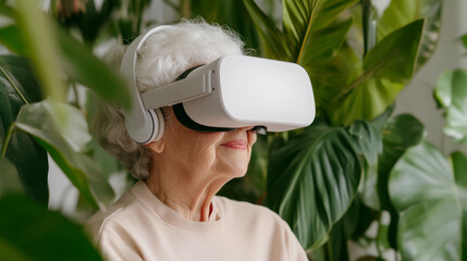Immersed in virtual world, an elderly woman experiences wonders of technology through VR headset, surrounded by lush green plants that enhance serene atmosphere