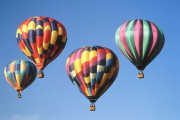 Fototapeta premium A set of brightly colored hot air balloons rising into a clear sky. 