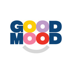 Colorful Good Mood logo with modern lettering and smile sign on white background. 