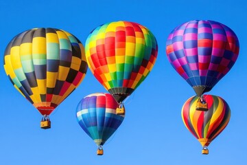Fototapeta premium A set of brightly colored hot air balloons rising into a clear sky. 