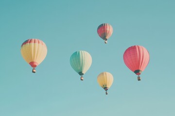 Fototapeta premium A set of brightly colored hot air balloons rising into a clear sky. 