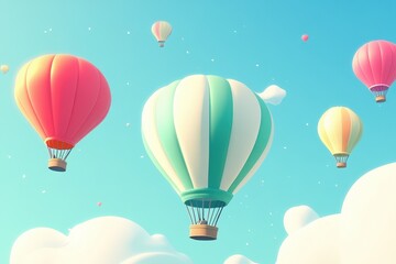 A set of brightly colored hot air balloons rising into a clear sky. 