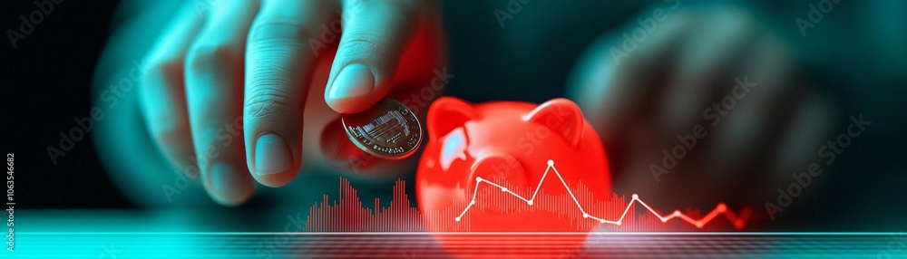 Poster a hand placing a coin into a red piggy bank with a fluctuating graph in the background, symbolizing 