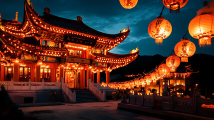 Fototapeta premium Buddhist temple illuminated at night with lanterns and incense , spirituality, religion, architecture, night. Buddhist Monastery. Illustration