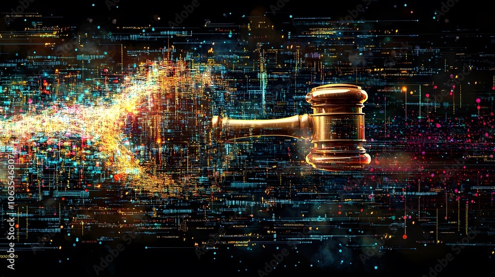Aufkleber digital justice gavel over abstract data pattern
