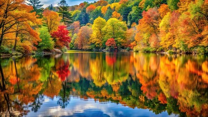 The reflection of changing colors on a still pond amidst autumn foliage, pond, outdoors, trees, reflections