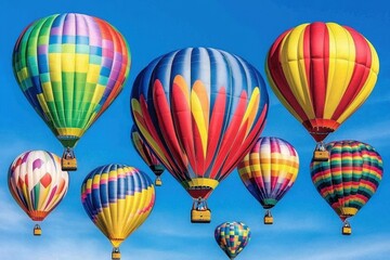 Fototapeta premium A set of brightly colored hot air balloons rising into a clear sky. 