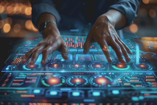 A professional businessman is analyzing dynamic charts and graphs on a holographic tablet screen.