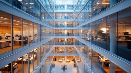 Modern office interior showcasing spacious, multi level workspace with glass walls, bright lighting, and organized workstations, creating vibrant and productive atmosphere