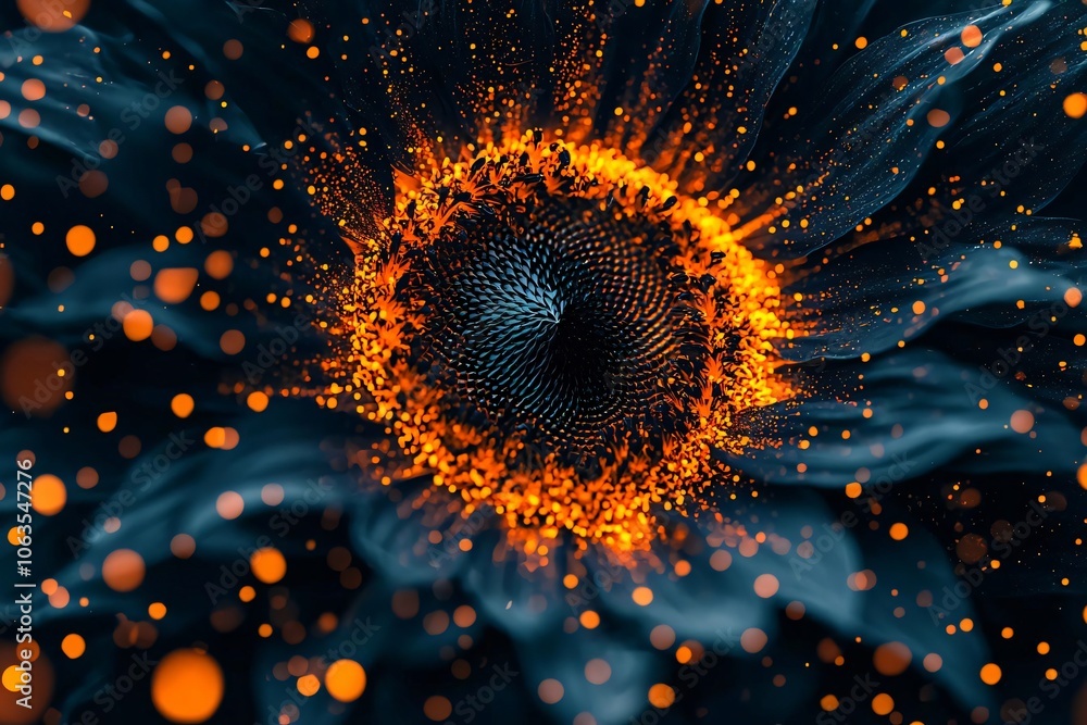 Poster a stunning close-up of a flower with vibrant orange particles, creating a mesmerizing abstract effec