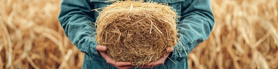 Farmer carrying bundles of hay to store in a barn, [farmer labor], [manual handling of crops].