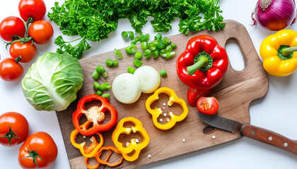 Vibrant vegetables artfully arranged on a wooden cutting board in a bright kitchen