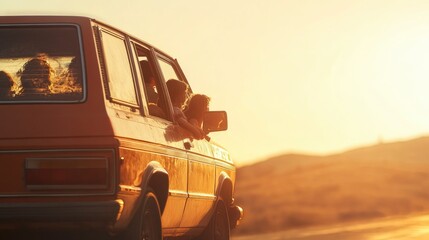 Vintage-inspired photo of a family road trip in an old station wagon, soft sunlight