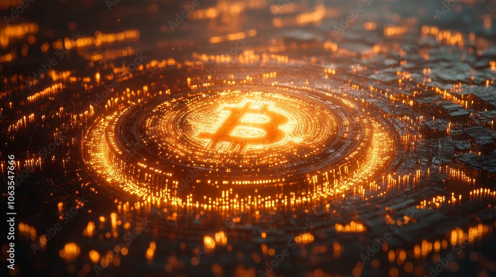 Aufkleber this visual highlights a radiant bitcoin symbol illuminated by glowing digital elements, embodying t