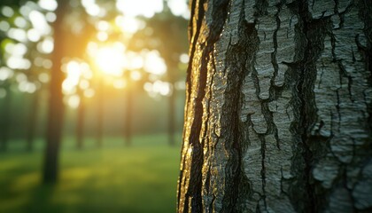 Fototapeta premium Dewcovered tree bark, sunlight filtering through, 3D illustration